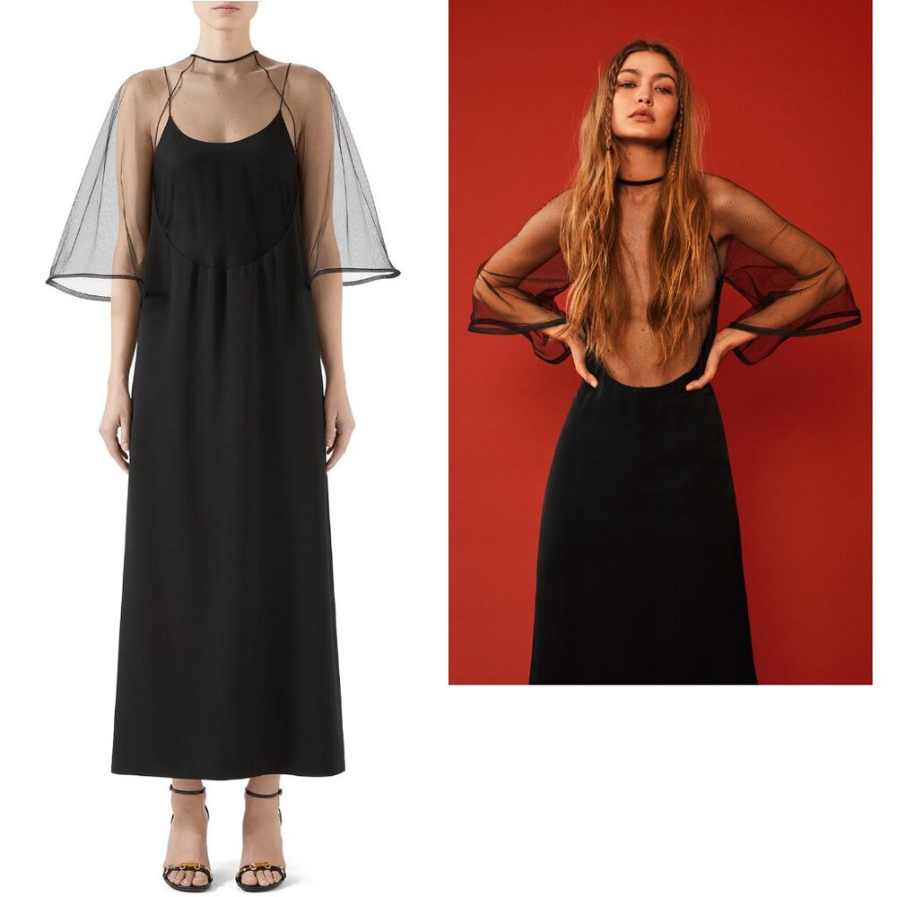 GUCCI DRESS BLACK VISCOSE SILK FAILLE MESH DETACHABLE SLIP sz IT 40 US 4